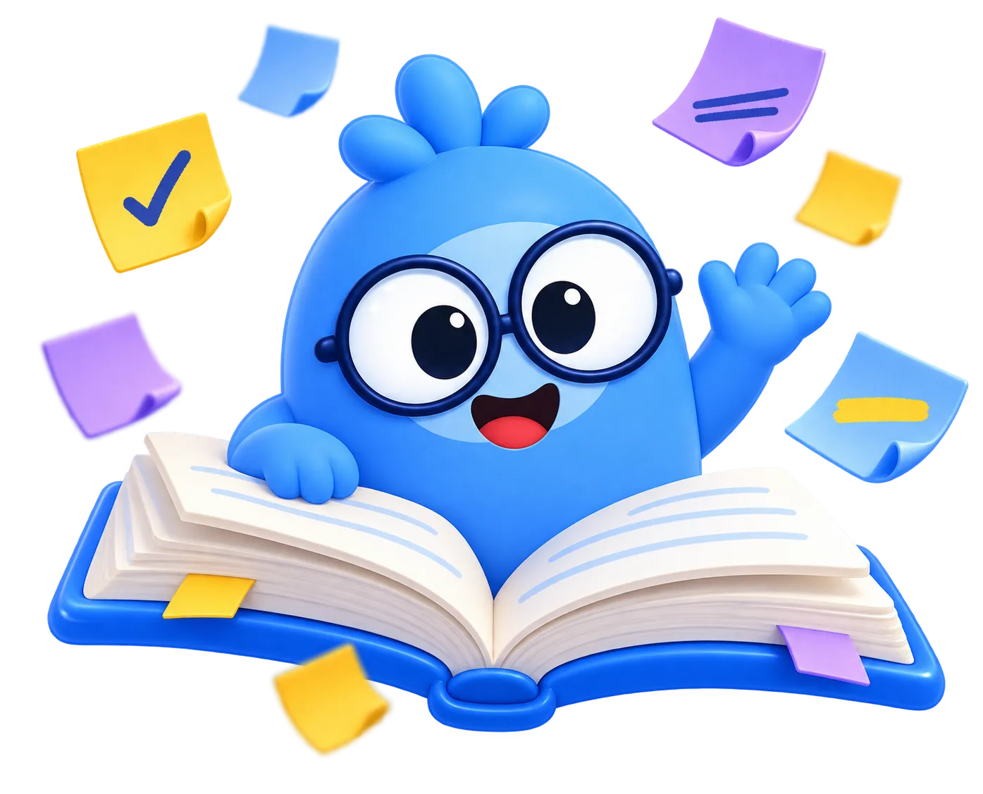 Mascote do LexoStudy saindo de dentro de um livro aberto, cercado de post-its coloridos