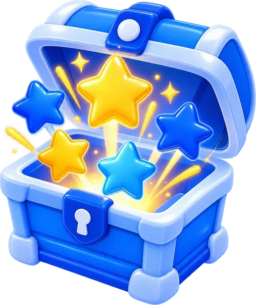 Mascote do LexoStudy abrindo um baú de conquistas com estrelas