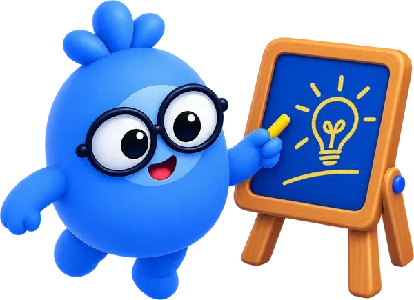 Mascote do LexoStudy explicando em um quadro-negro com um desenho de lâmpada acesa